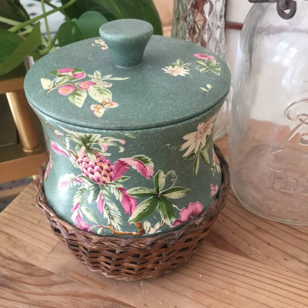 Green w/ Pink Flowers Ceramic & wicker Cookie Jar / Canister w/ Lid Vintage